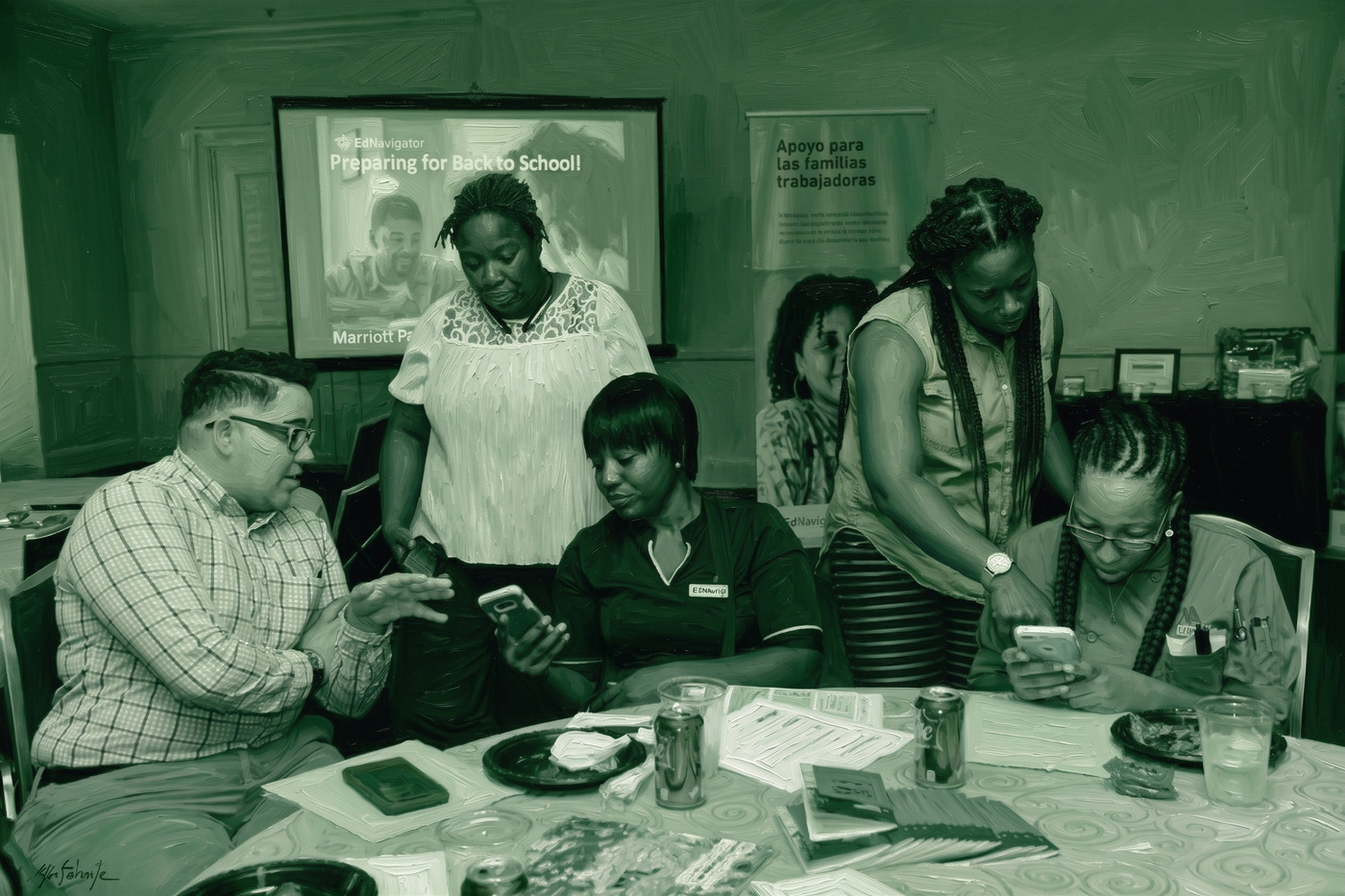 Parents and an EdNavigator team at a Preparing for Back to School session, looking through options on their phones