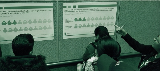 Parents at a school meeting reading performance charts pinned to the wall, one of them pointing at a figure