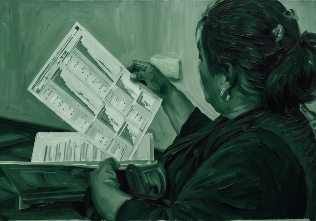 A parent reading a printed school report, holding it up to study the charts inside