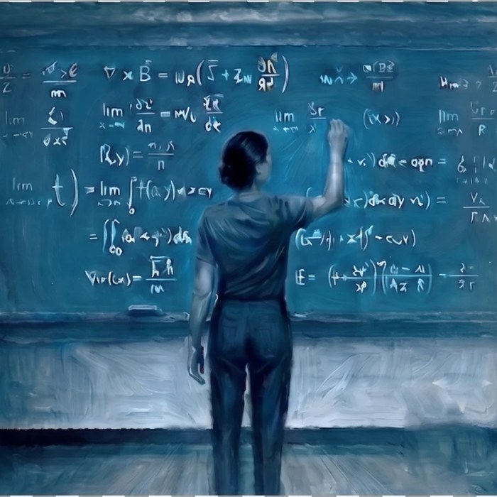 A student at a blackboard working through equations