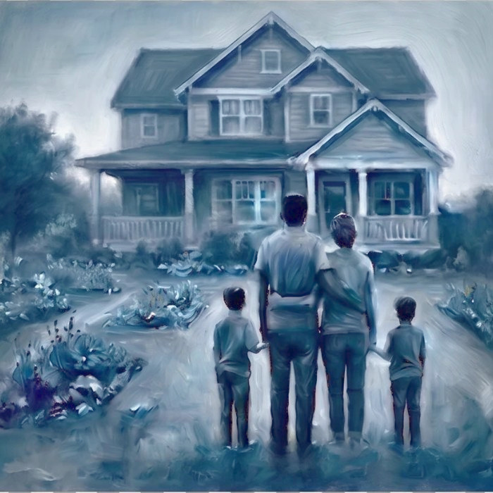 A family standing together in front of their house