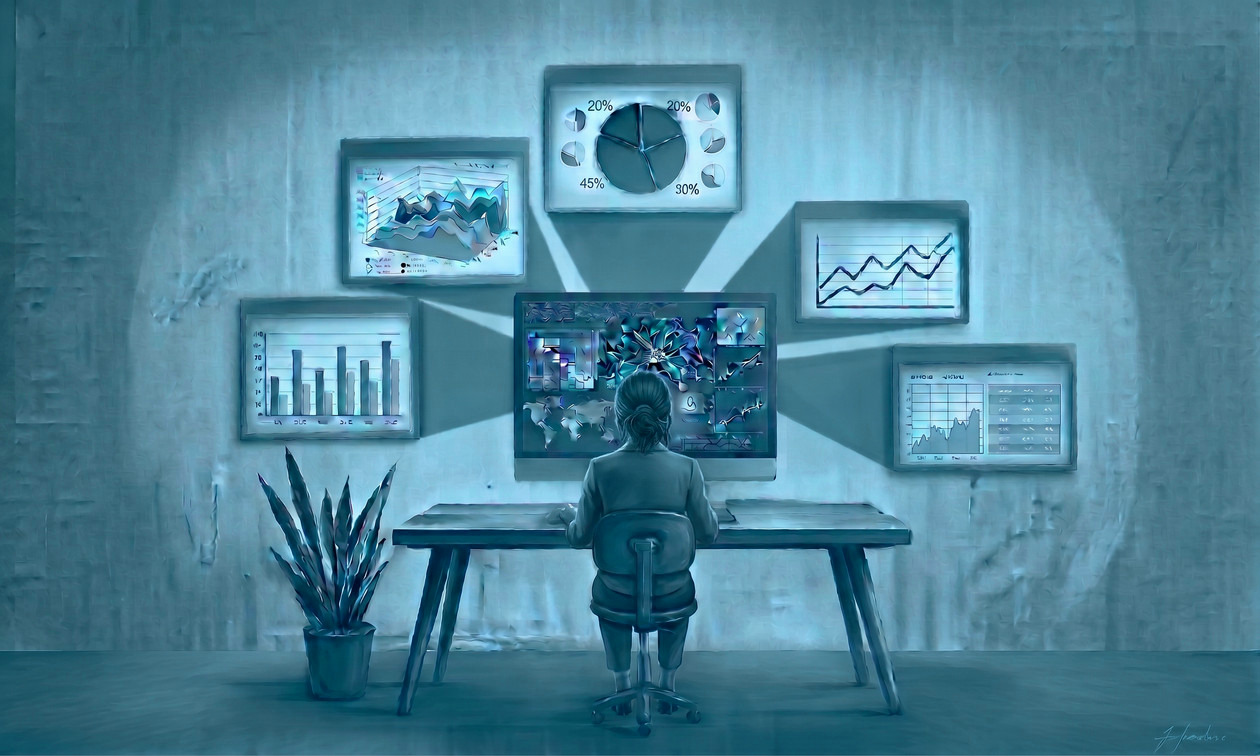 An analyst at a desk facing a wall of screens - a pie chart, a surface plot, a line chart, a bar chart and a table - all feeding the large display in front of her