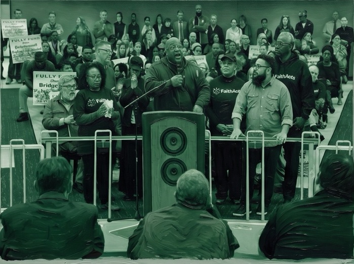 Parents and organizers at a FaithActs public action, one speaking at a lectern while the crowd behind holds Fully Fund signs