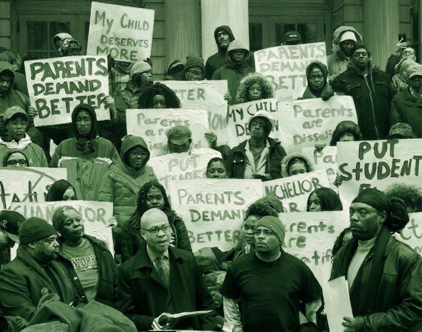 Parents on the steps of a public building holding Parents Demand Better and My Child Deserves More placards