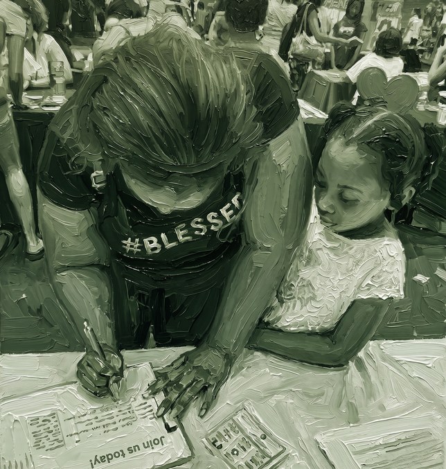People seated around a table at a community meeting