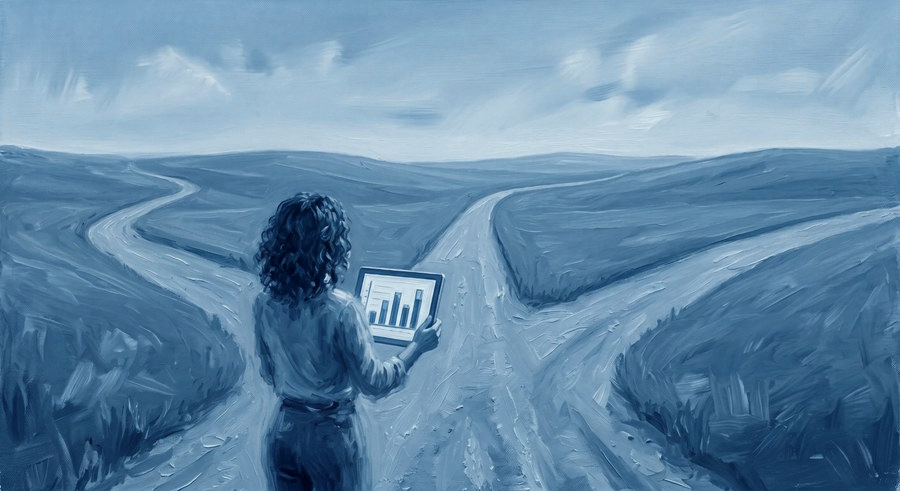 A woman standing where a road forks, reading a chart on a tablet
