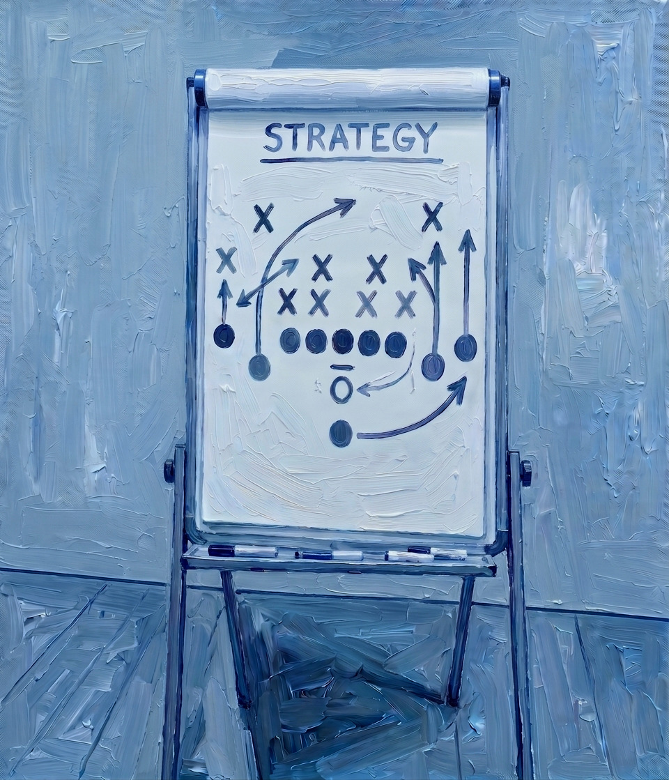 A painted flip chart headed Strategy, covered in Xs, Os and arrows