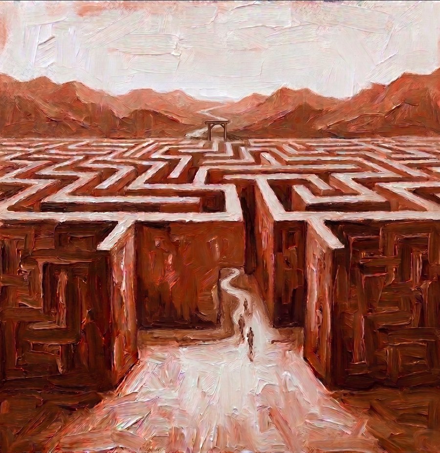 A painted maze seen from above, with figures walking a clear path toward a gate on the horizon