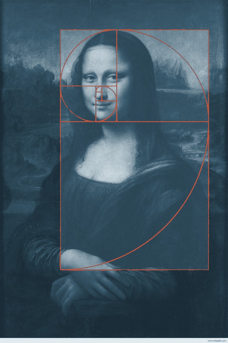 The Mona Lisa, in the site's blue, with the golden spiral laid over it