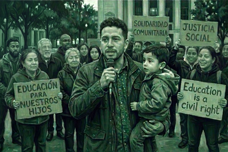 Parents at a community organizing meeting, listening to a leader speak