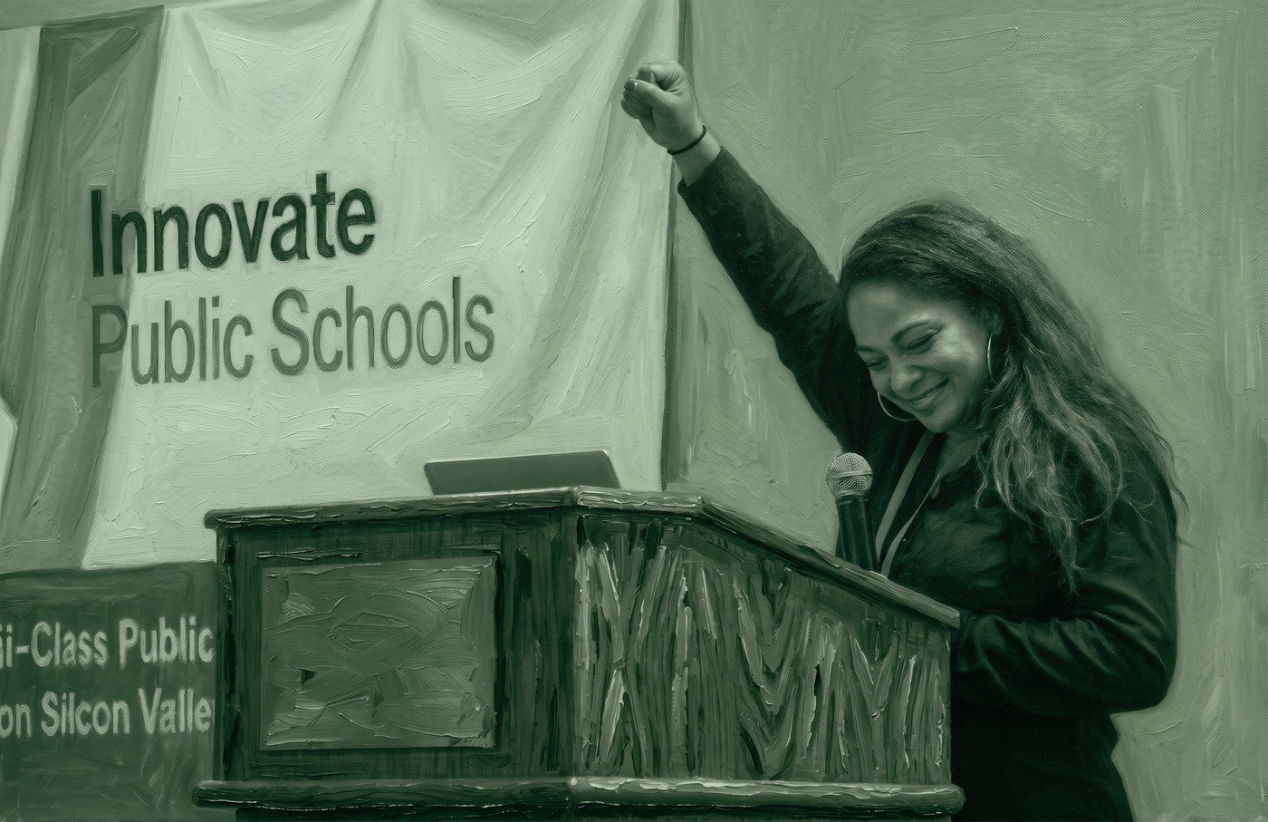 A parent leader raising a fist at the lectern in front of an Innovate Public Schools banner