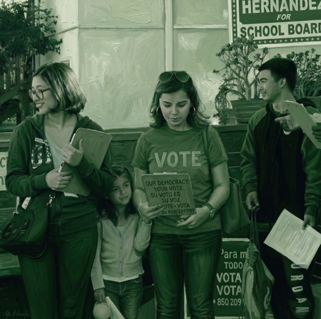 Canvassers outside a polling place, one wearing a Vote shirt and holding a Our Democracy, Your Vote card, beside a Hernandez for School Board sign